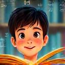 Niña sonriendo leyendo un libro con símbolos de educación como birrete y lápices alrededor.