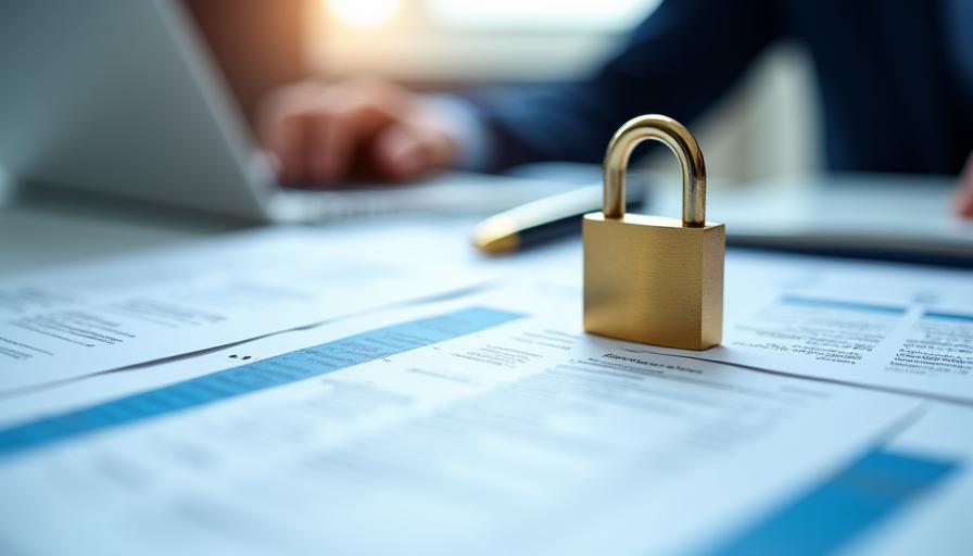 Imagen conceptual de documentos legales y un candado que simboliza seguridad.